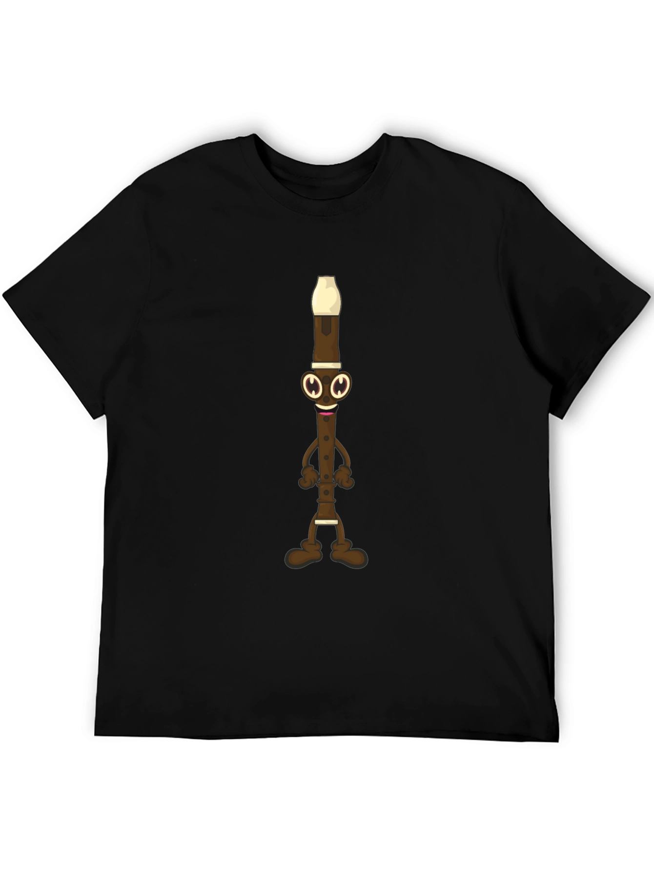 Funny Flute Cartoon Graphic Tee - Black Cotton