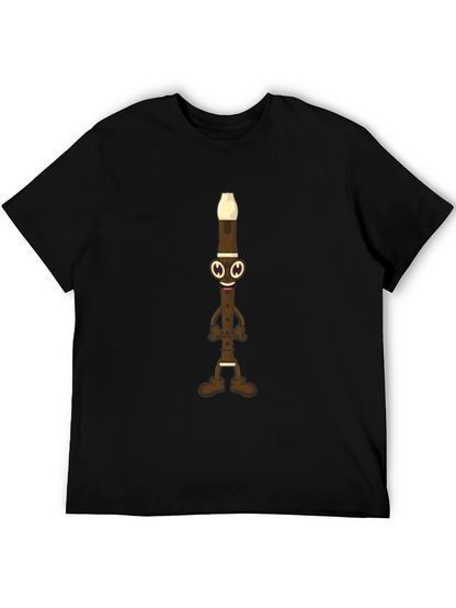 Funny Flute Cartoon Graphic Tee - Black Cotton