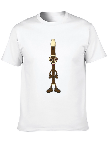 Funny Flute Cartoon Graphic Tee - Black Cotton