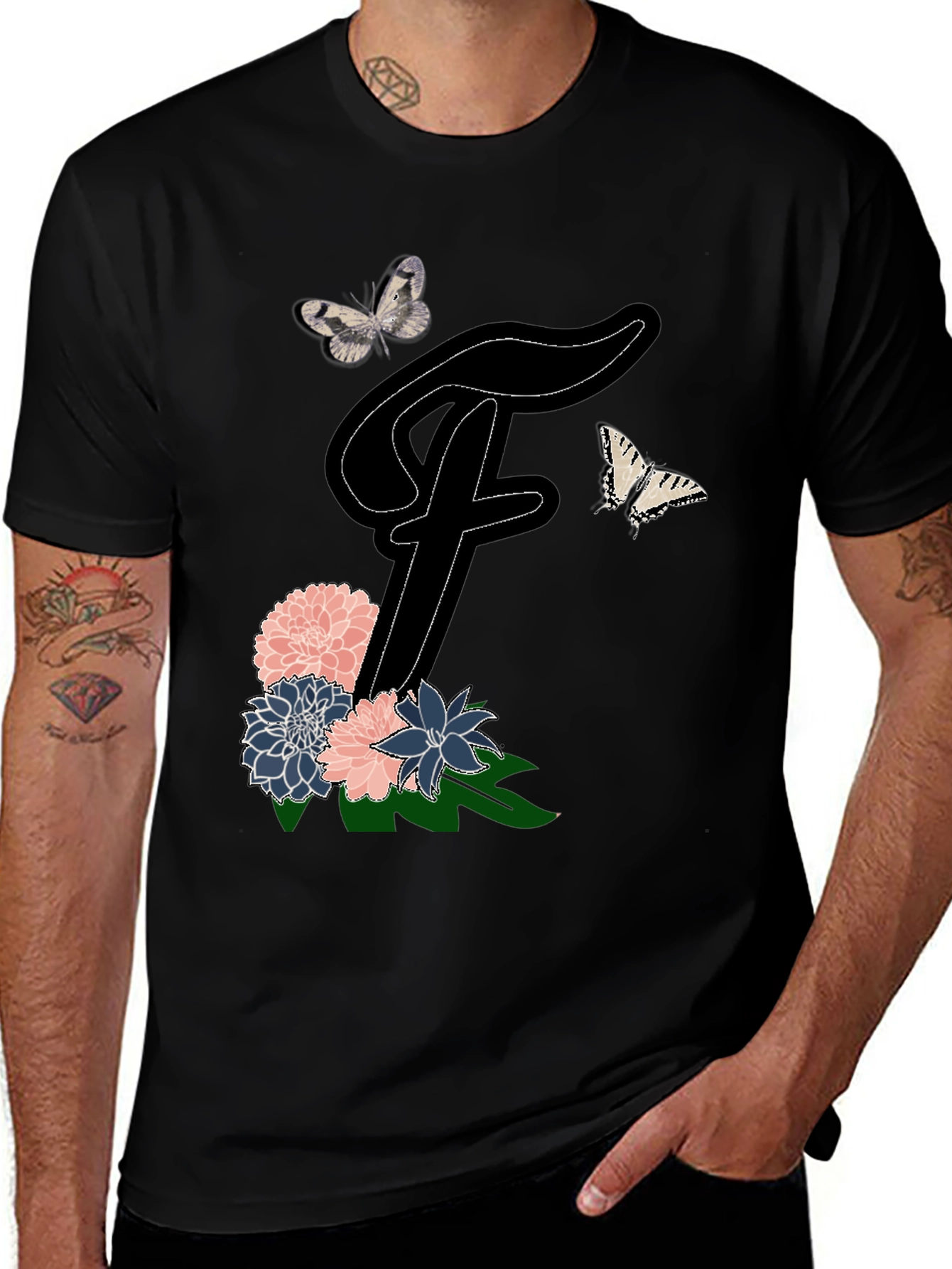 Floral Letter F T-Shirt Butterfly Tee