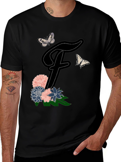 Floral Letter F T-Shirt Butterfly Tee