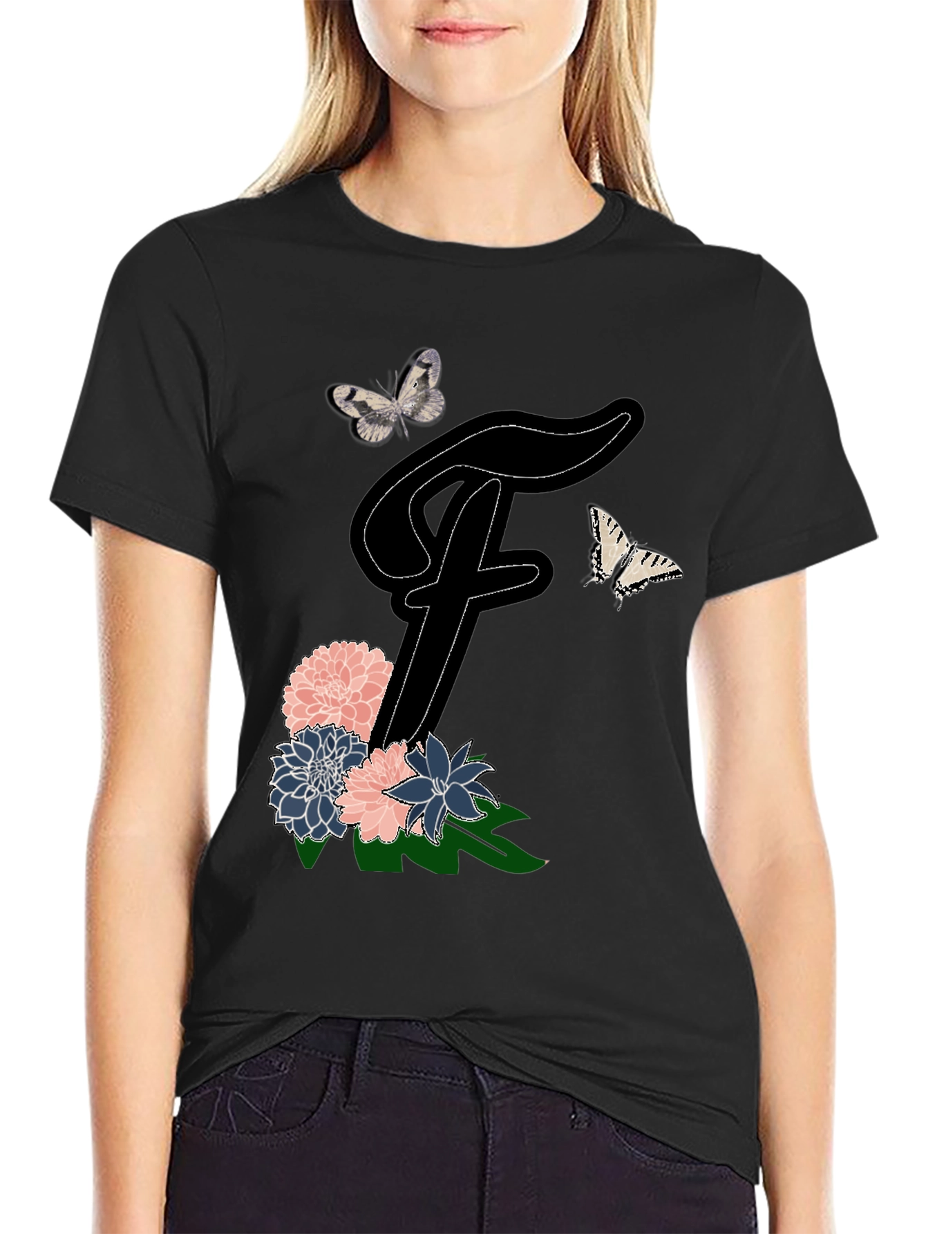 Floral Letter F T-Shirt Butterfly Tee