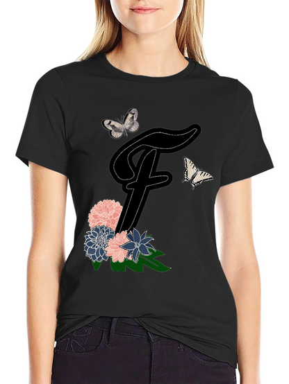 Floral Letter F T-Shirt Butterfly Tee