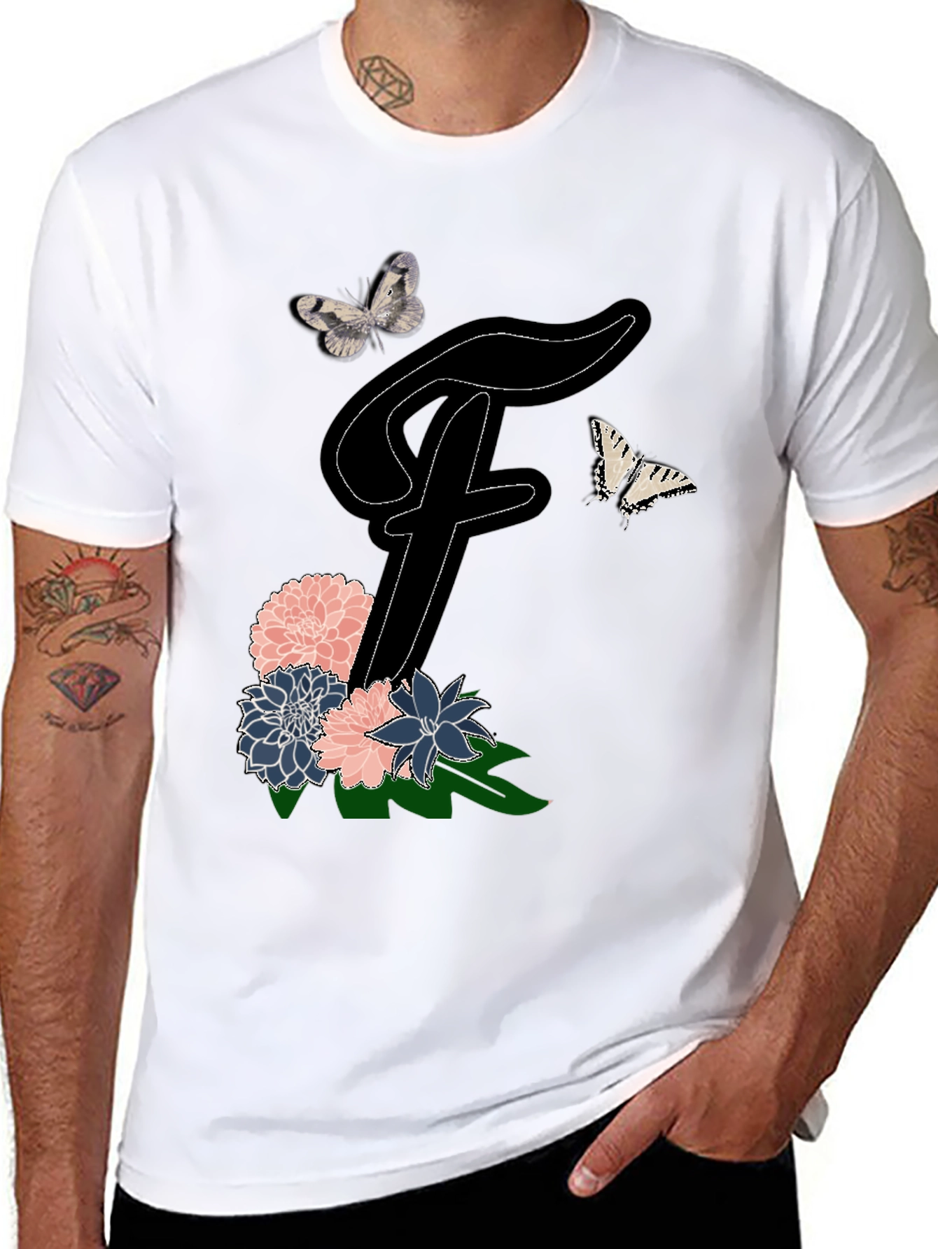Floral Letter F T-Shirt Butterfly Tee