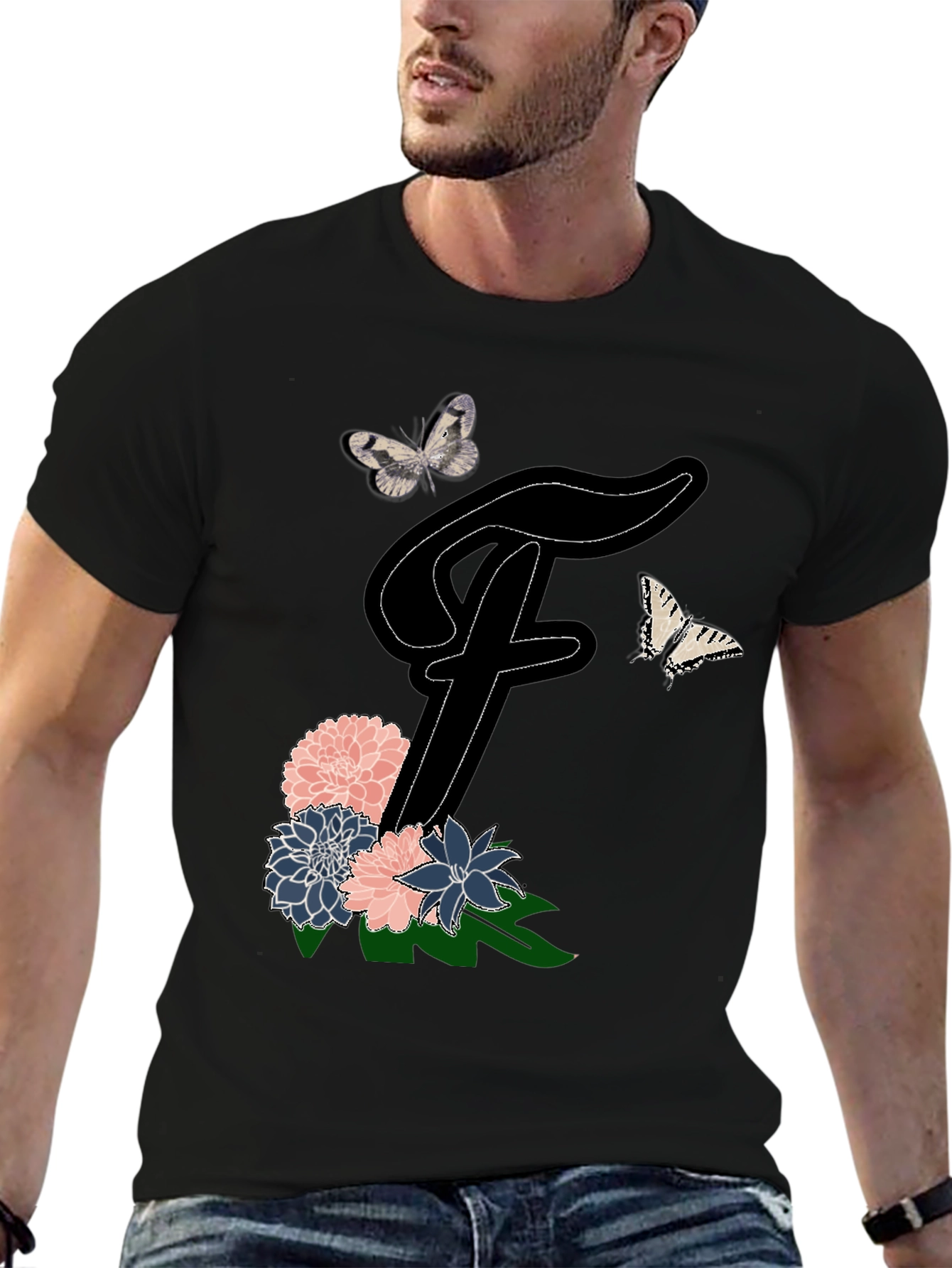 Floral Letter F T-Shirt Butterfly Tee