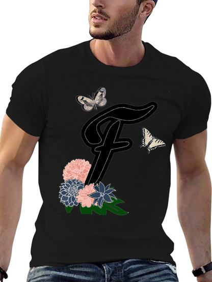 Floral Letter F T-Shirt Butterfly Tee