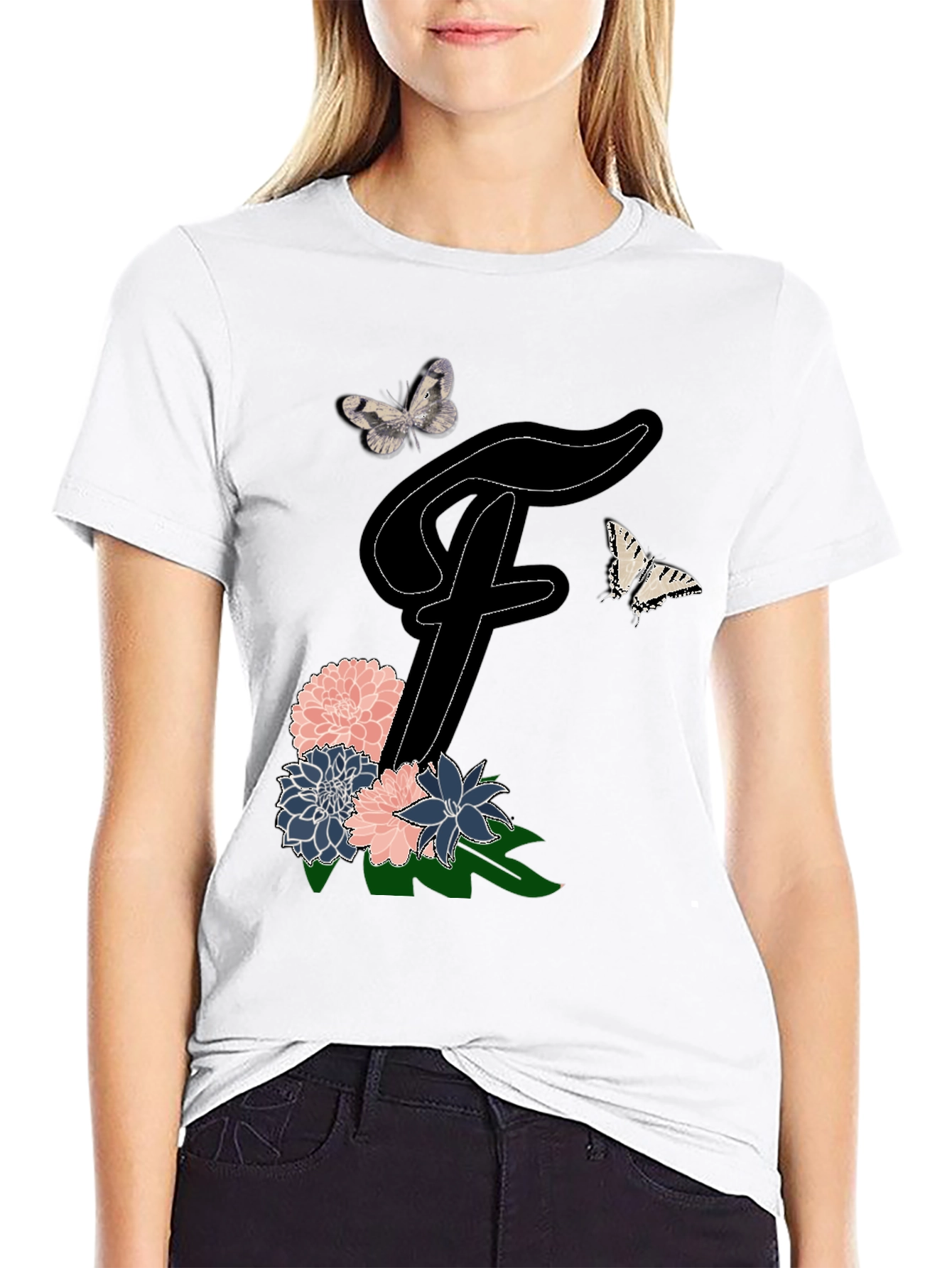 Floral Letter F T-Shirt Butterfly Tee