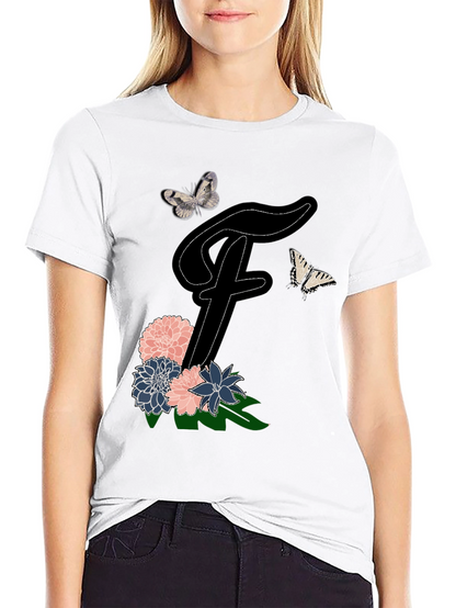Floral Letter F T-Shirt Butterfly Tee