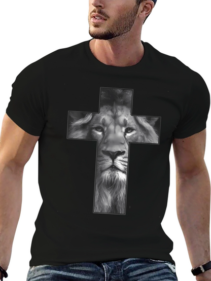 Lion Cross Graphic Tee - Black Religious T-Shirt