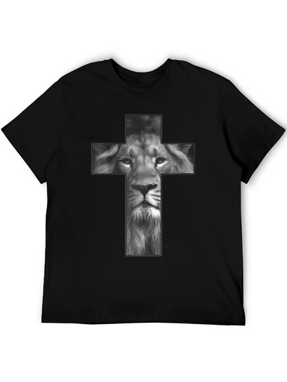 Lion Cross Graphic Tee - Black Religious T-Shirt
