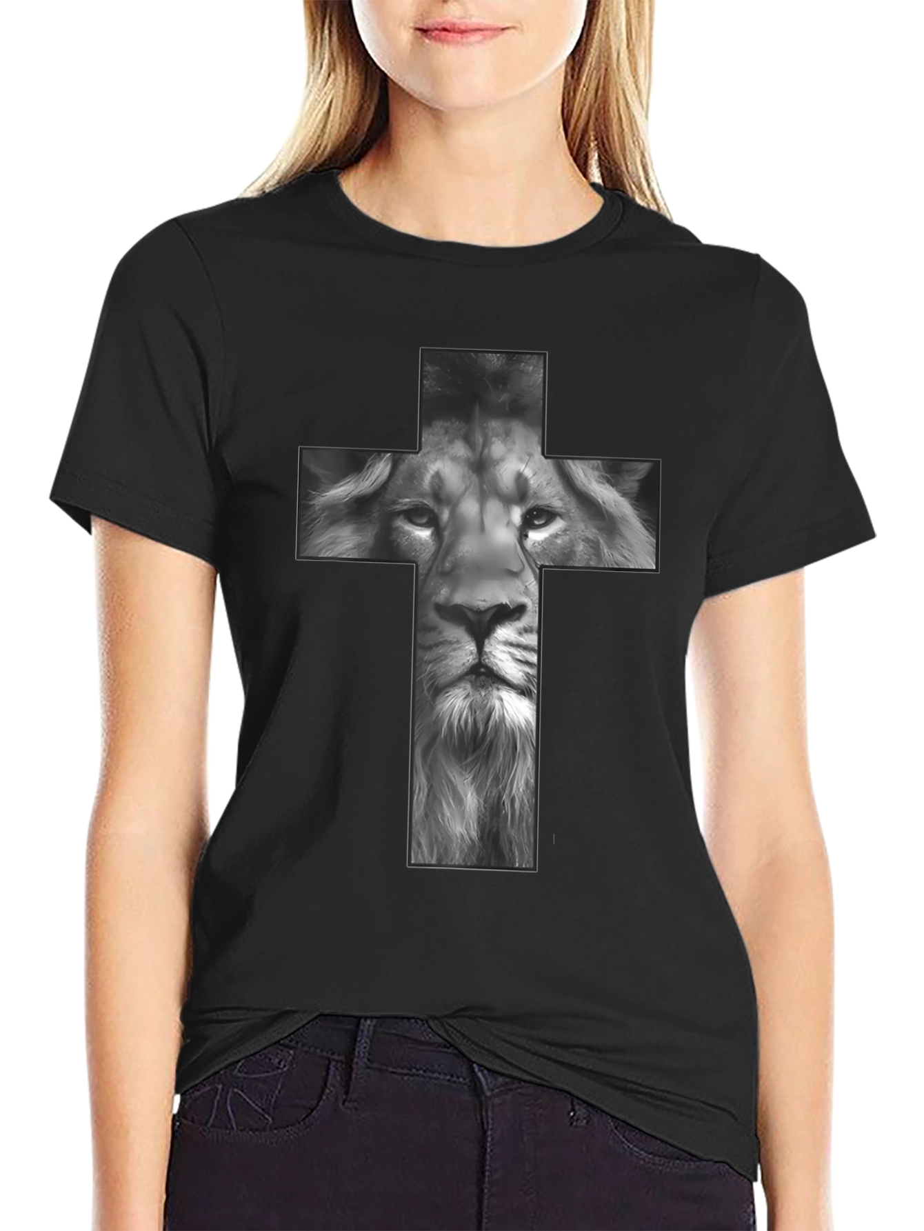Lion Cross Graphic Tee - Black Religious T-Shirt
