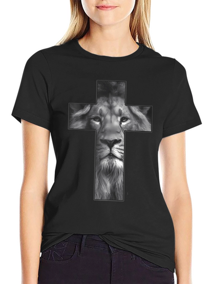 Lion Cross Graphic Tee - Black Religious T-Shirt