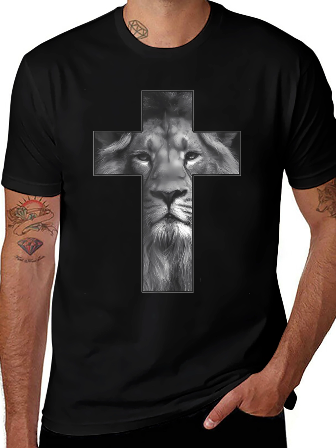 Lion Cross Graphic Tee - Black Religious T-Shirt