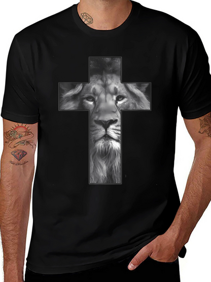Lion Cross Graphic Tee - Black Religious T-Shirt