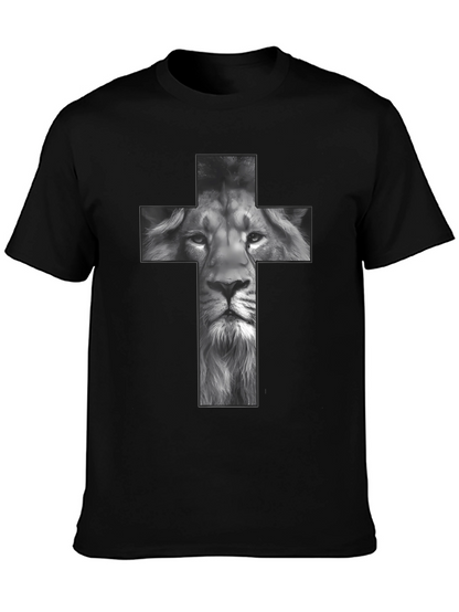 Lion Cross Graphic Tee - Black Religious T-Shirt
