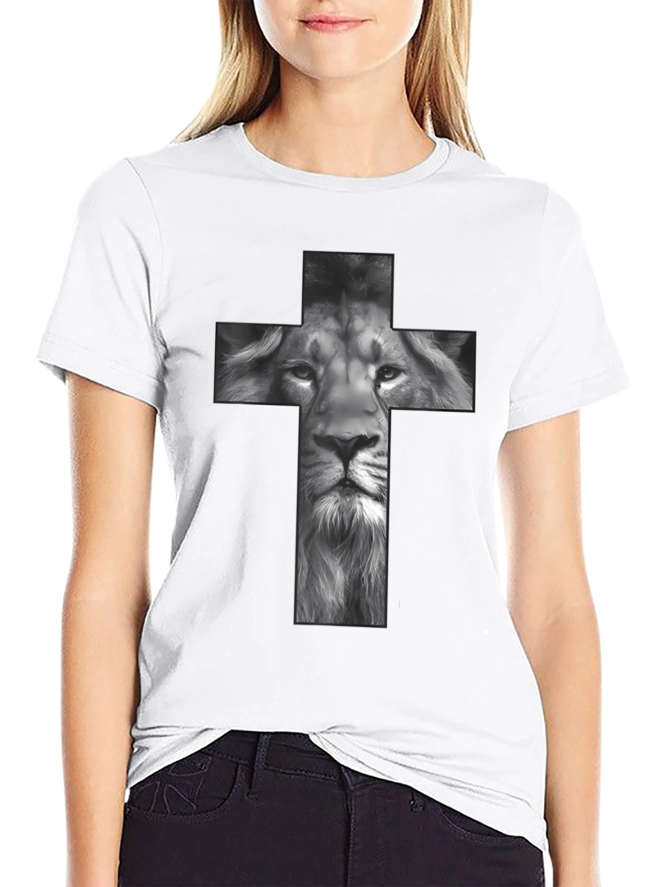 Lion Cross Graphic Tee - Black Religious T-Shirt