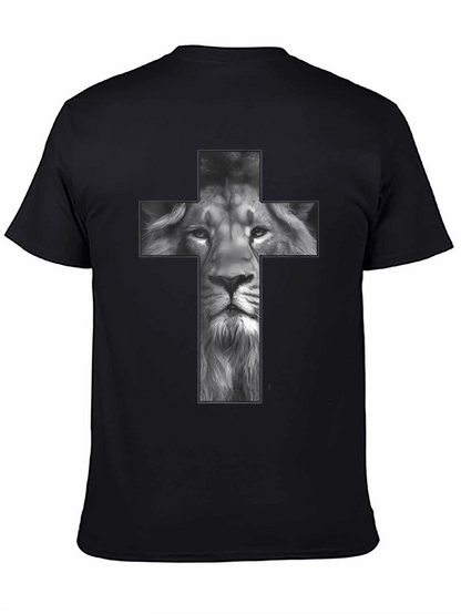 Lion Cross Graphic Tee - Black Religious T-Shirt