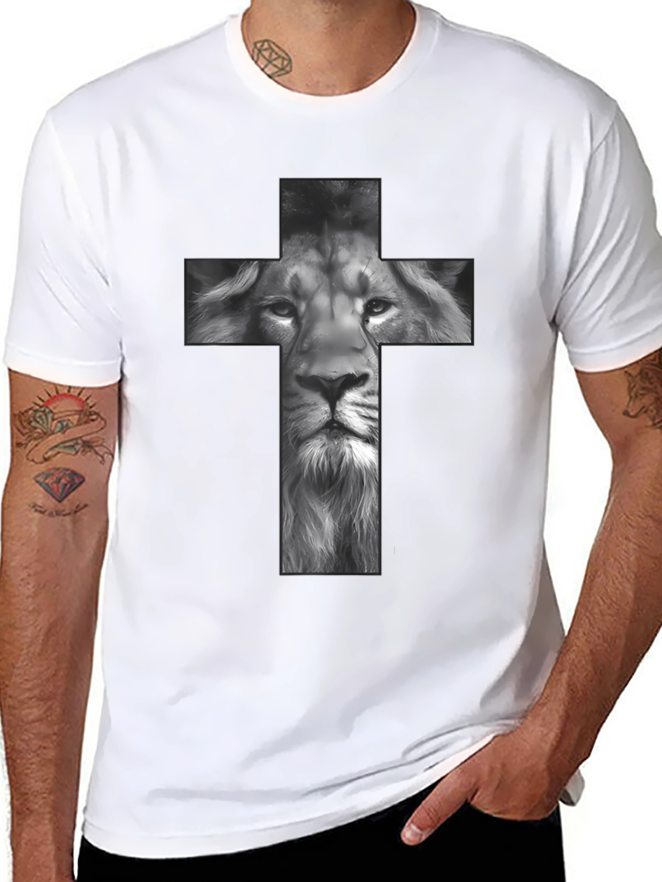 Lion Cross Graphic Tee - Black Religious T-Shirt