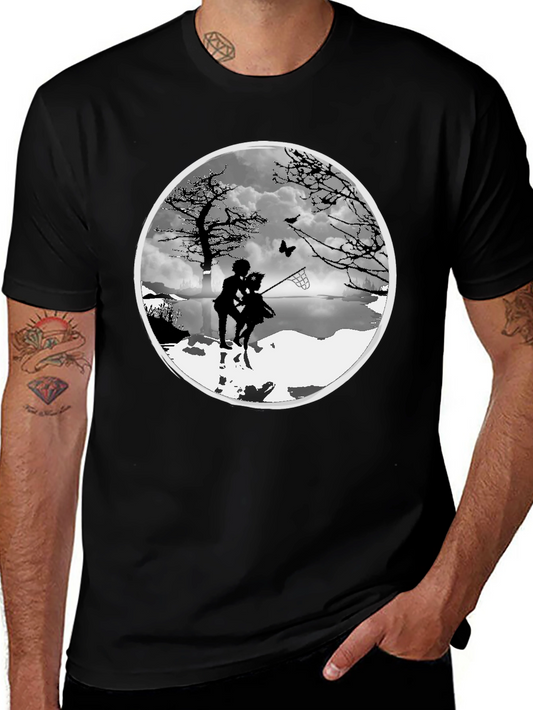 Silhouette Couple Catching Butterfly Black T-Shirt