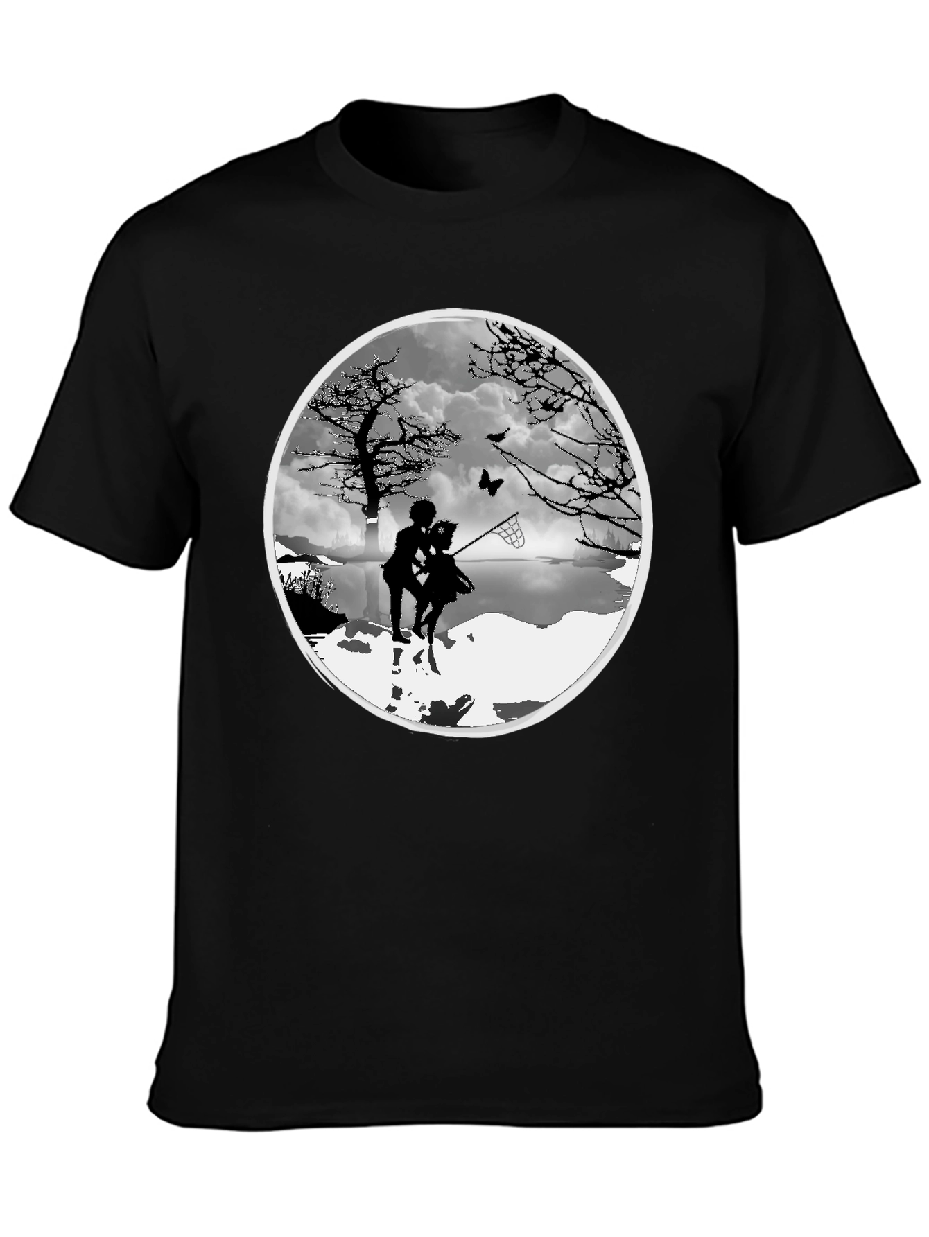 Silhouette Couple Catching Butterfly Black T-Shirt