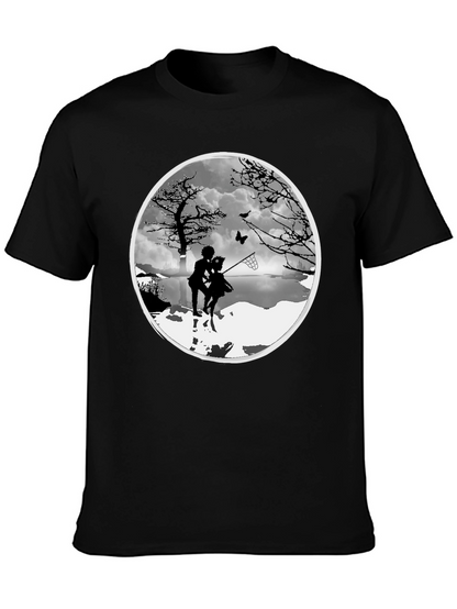 Silhouette Couple Catching Butterfly Black T-Shirt