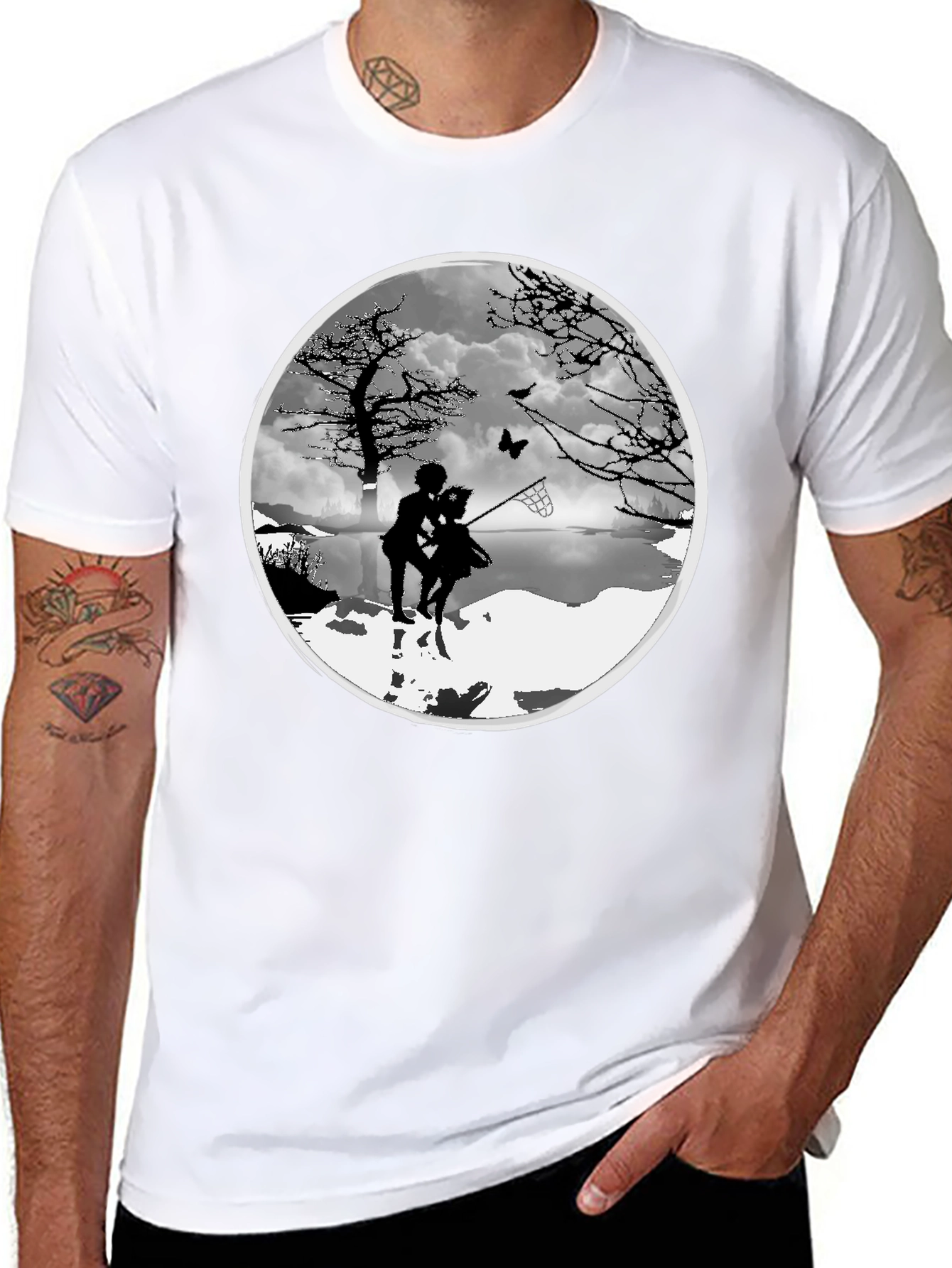 Silhouette Couple Catching Butterfly Black T-Shirt