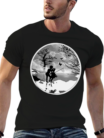 Silhouette Couple Catching Butterfly Black T-Shirt