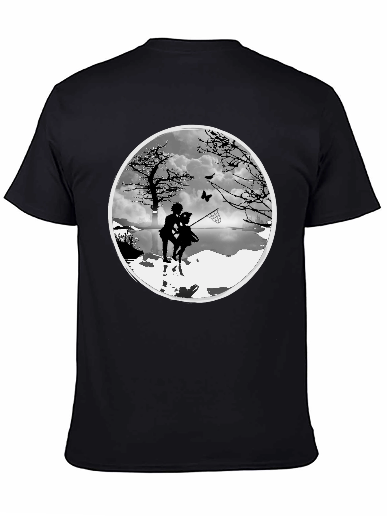 Silhouette Couple Catching Butterfly Black T-Shirt