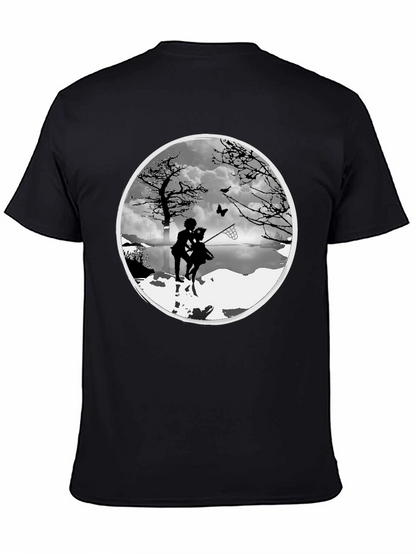 Silhouette Couple Catching Butterfly Black T-Shirt