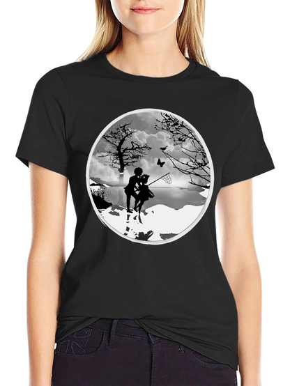 Silhouette Couple Catching Butterfly Black T-Shirt
