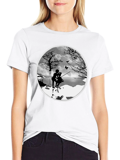 Silhouette Couple Catching Butterfly Black T-Shirt