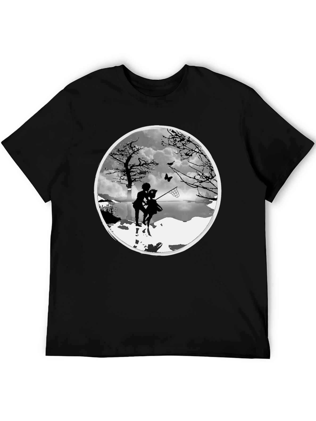 Silhouette Couple Catching Butterfly Black T-Shirt