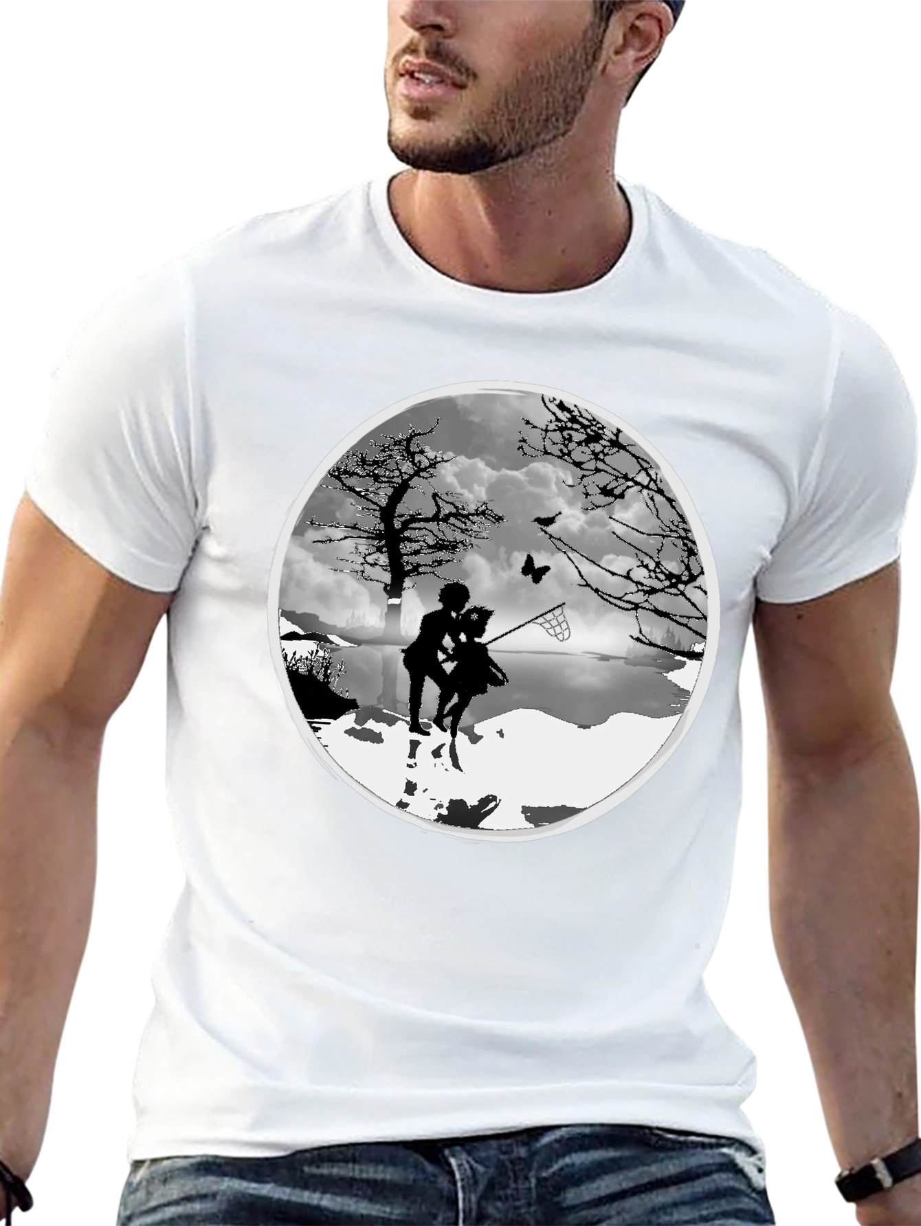 Silhouette Couple Catching Butterfly Black T-Shirt
