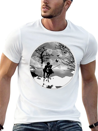 Silhouette Couple Catching Butterfly Black T-Shirt