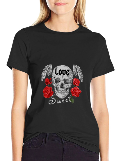 Love Sweet Skull Graphic Black T-Shirt