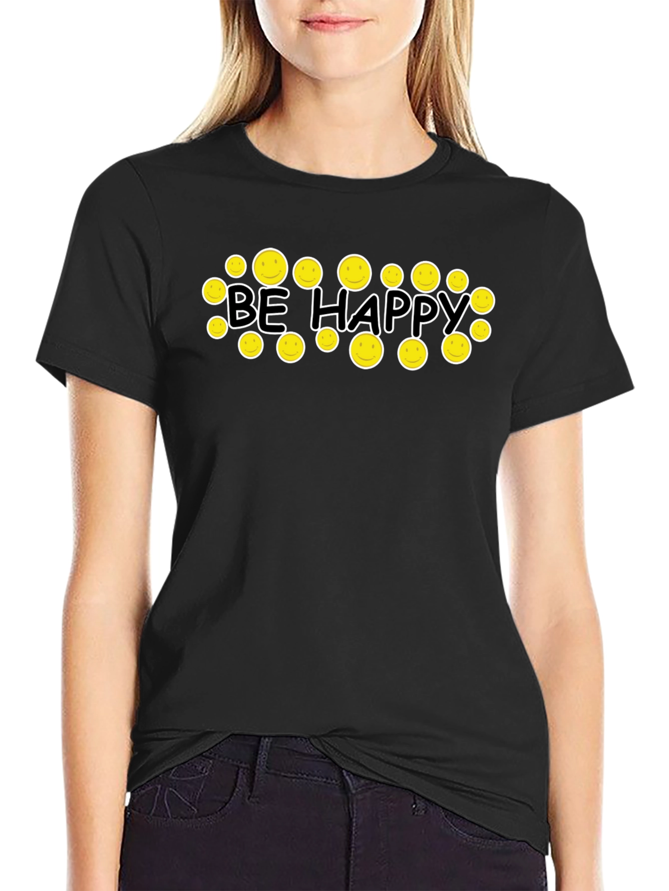 Be Happy Graphic Tee - Smiley Face Black T-Shirt