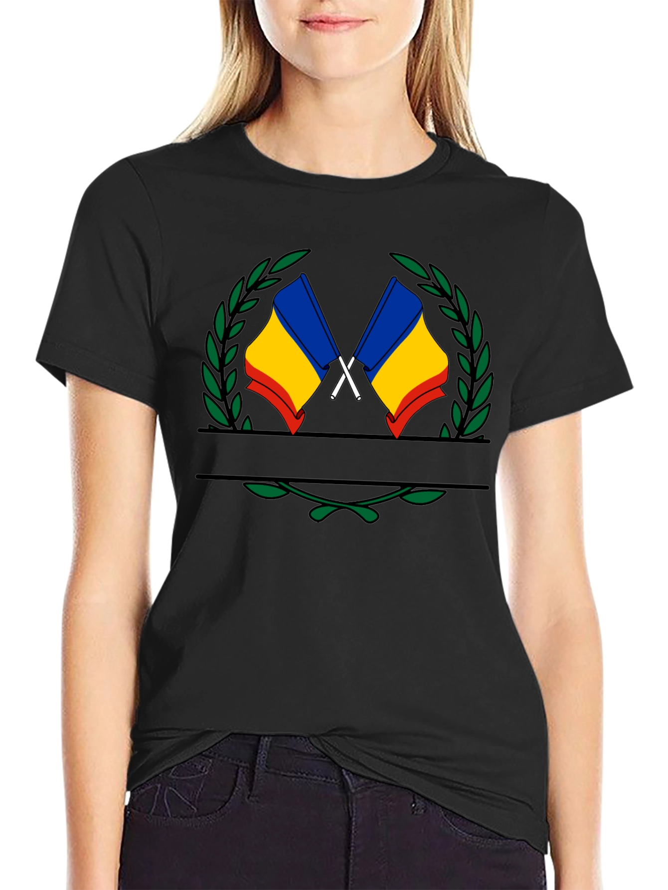 Romania Flag Crest Black T-Shirt