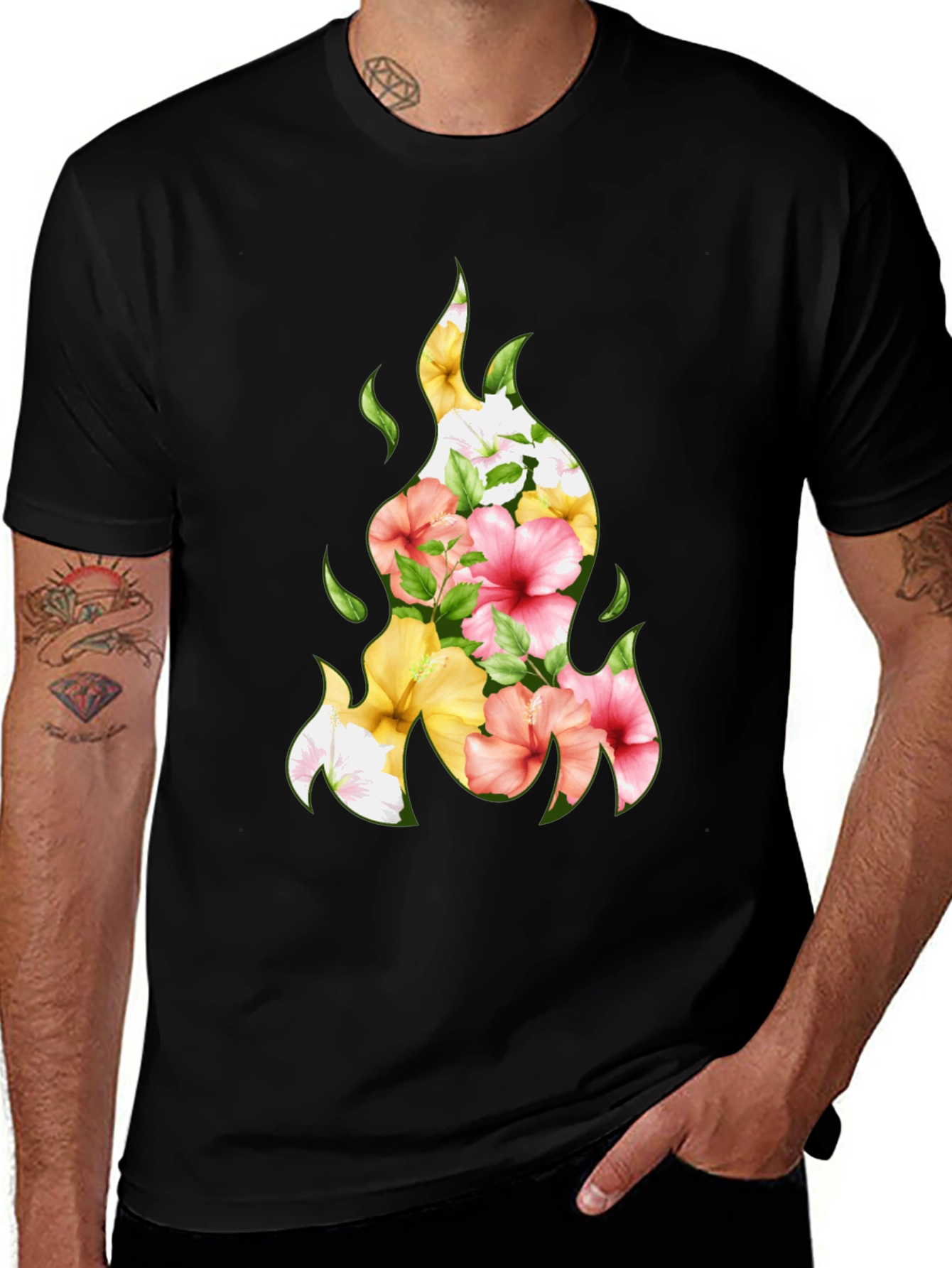 Floral Fire Graphic Tee - Stylish Black T-Shirt