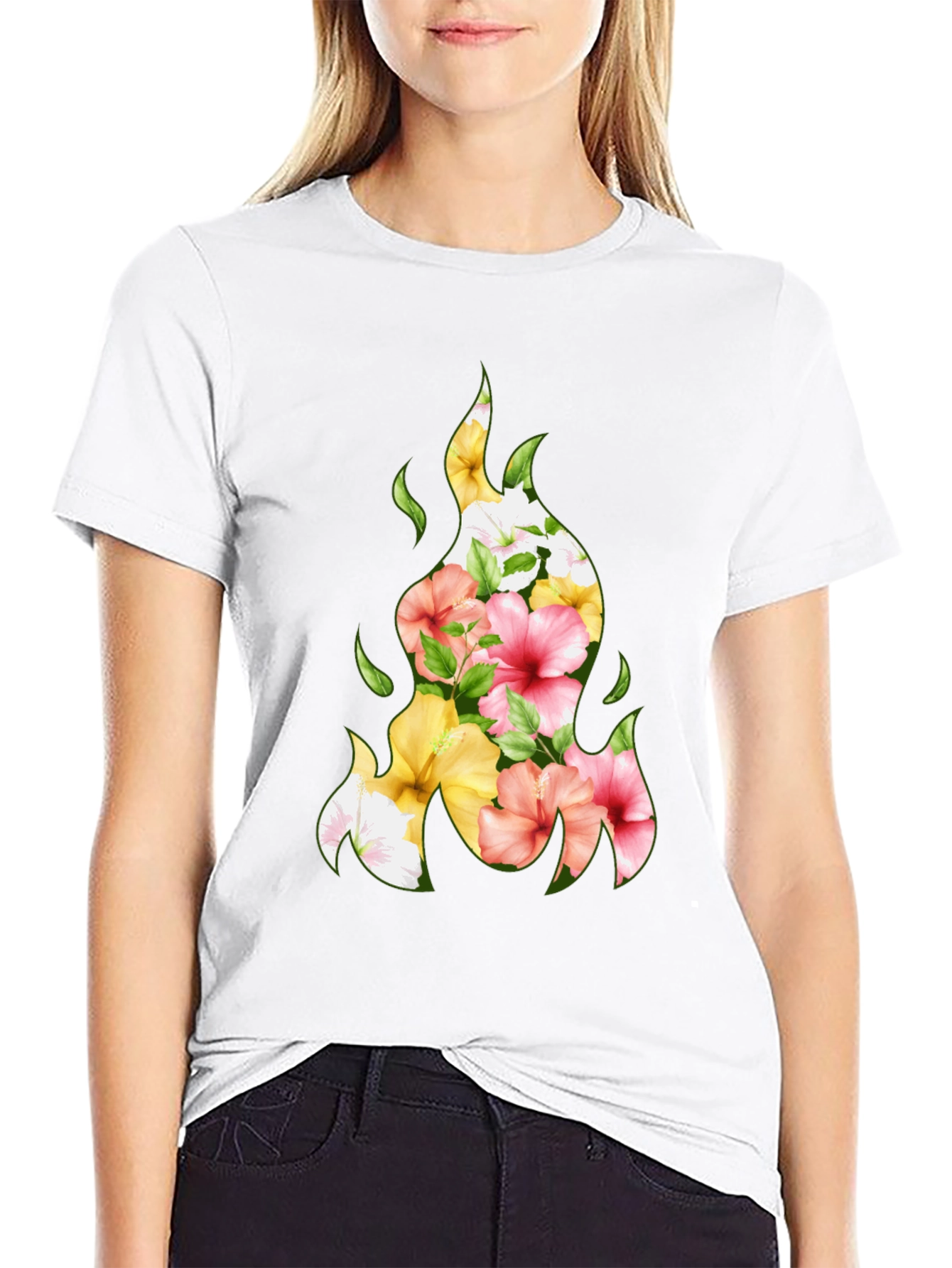 Floral Fire Graphic Tee - Stylish Black T-Shirt