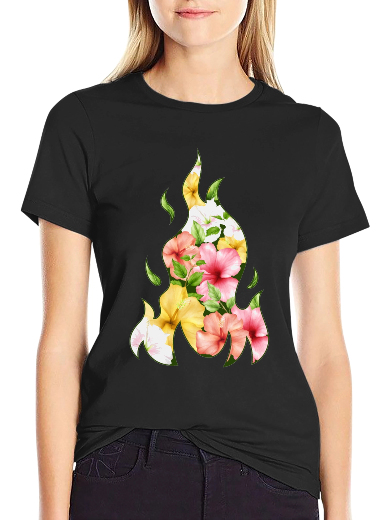 Floral Fire Graphic Tee - Stylish Black T-Shirt