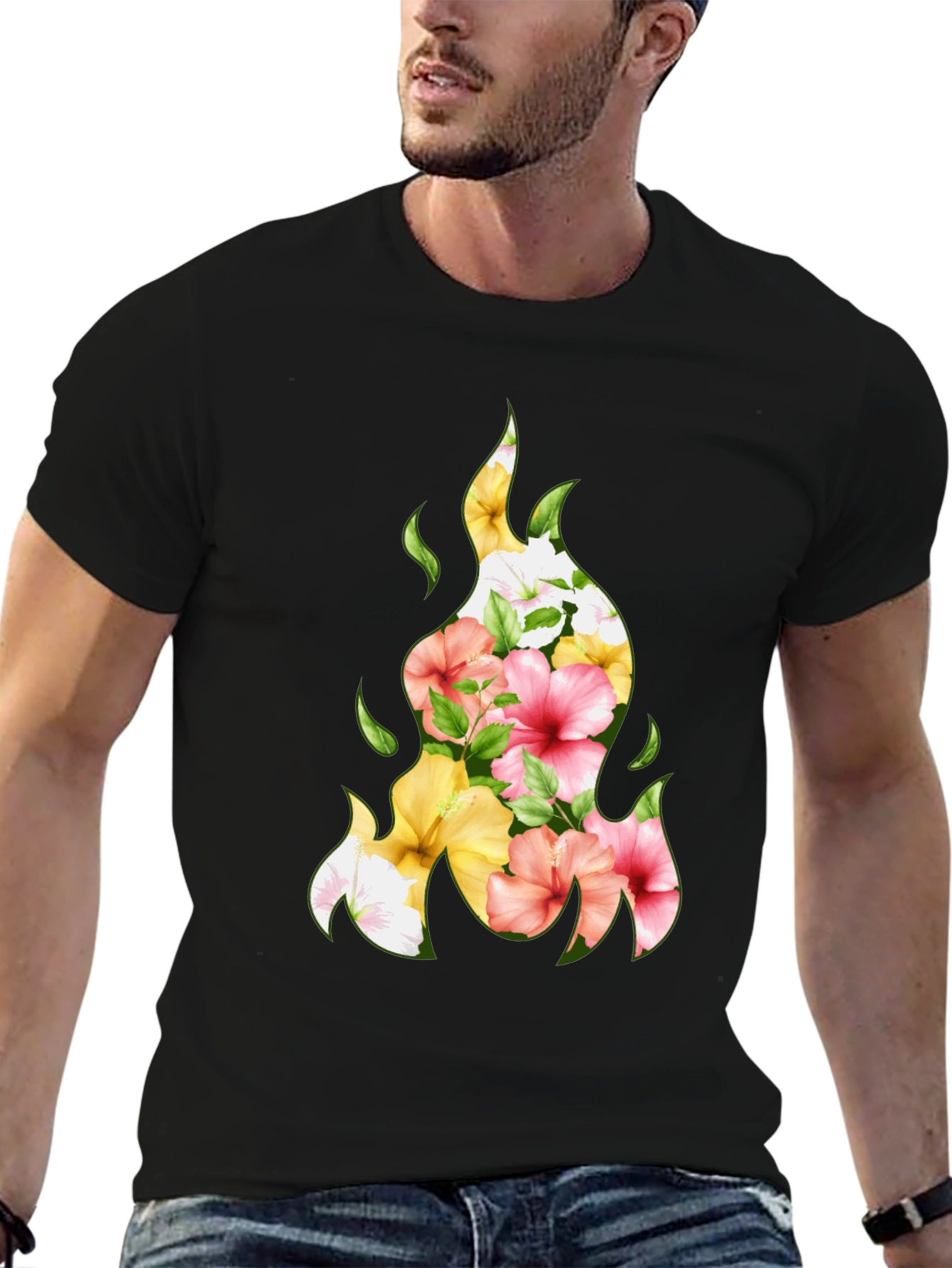 Floral Fire Graphic Tee - Stylish Black T-Shirt