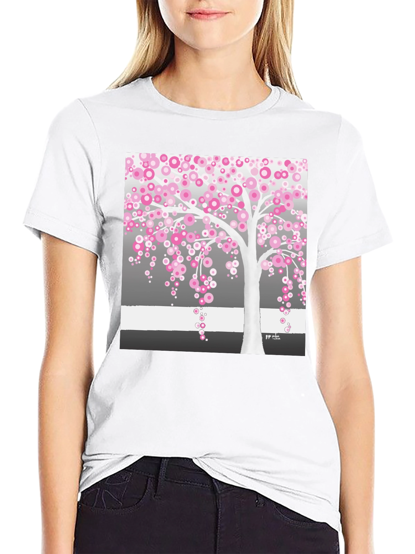 Pink Blossom Tree Black T-Shirt