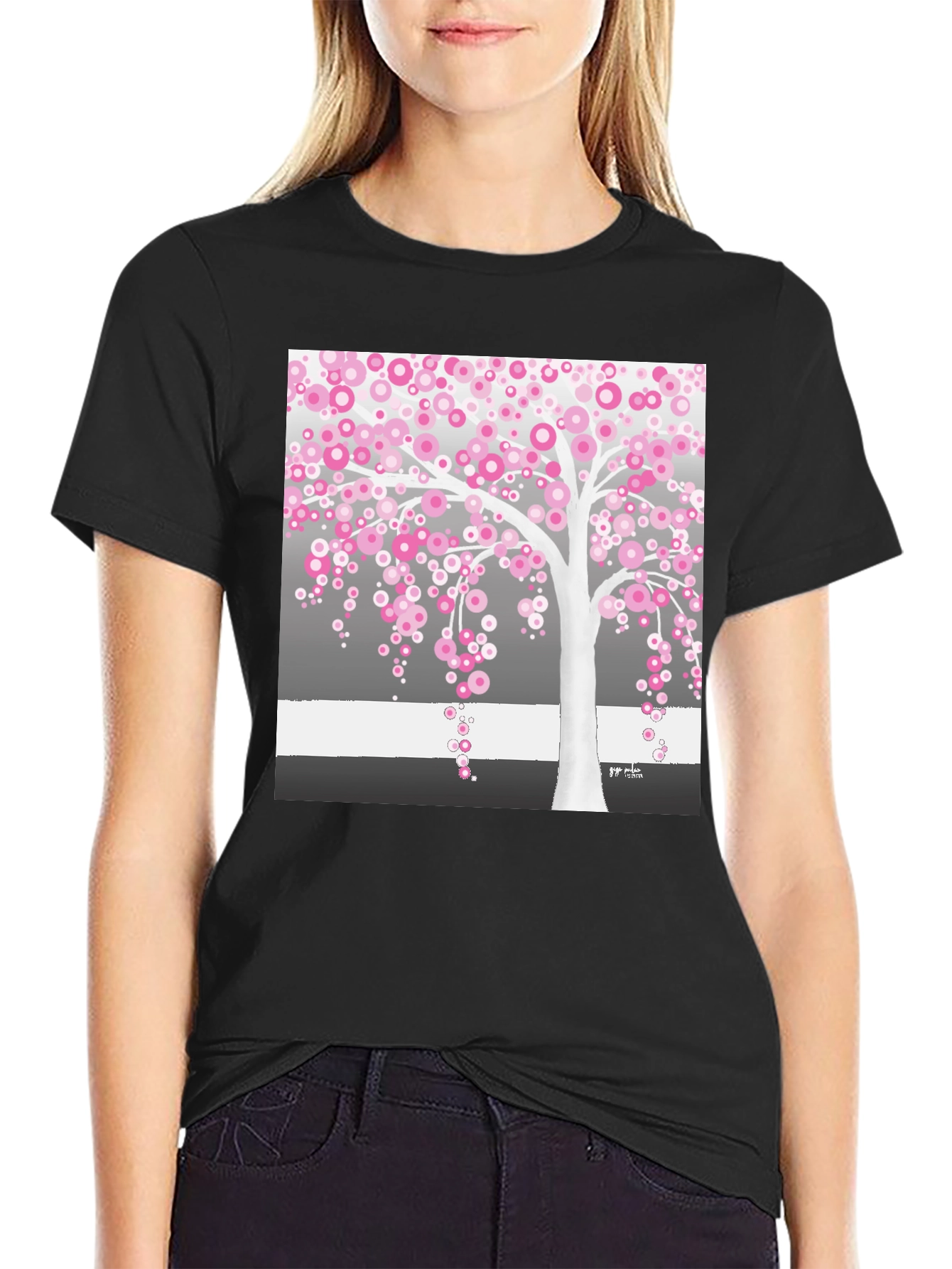 Pink Blossom Tree Black T-Shirt