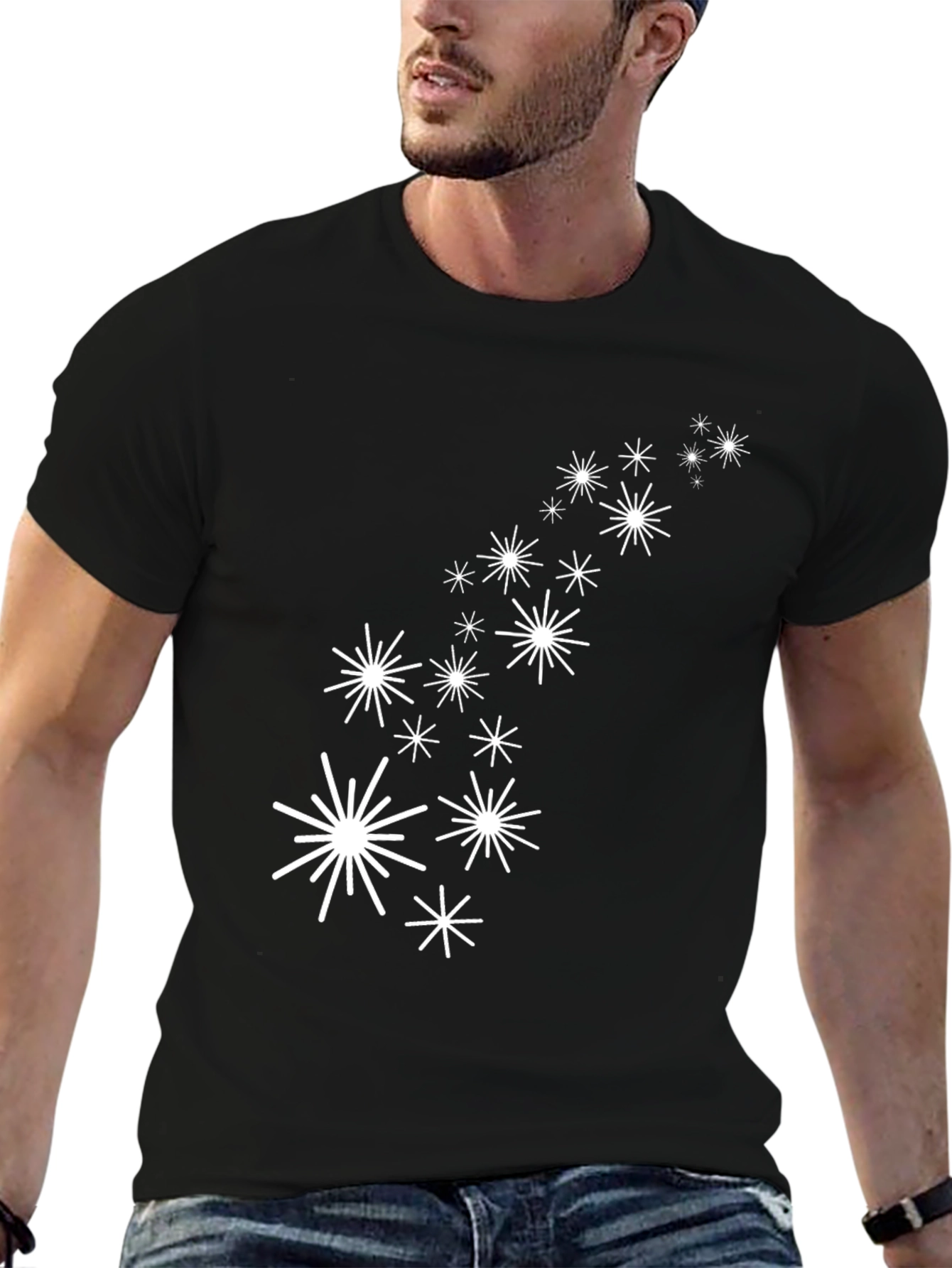 Black Tee with White Star Burst Design