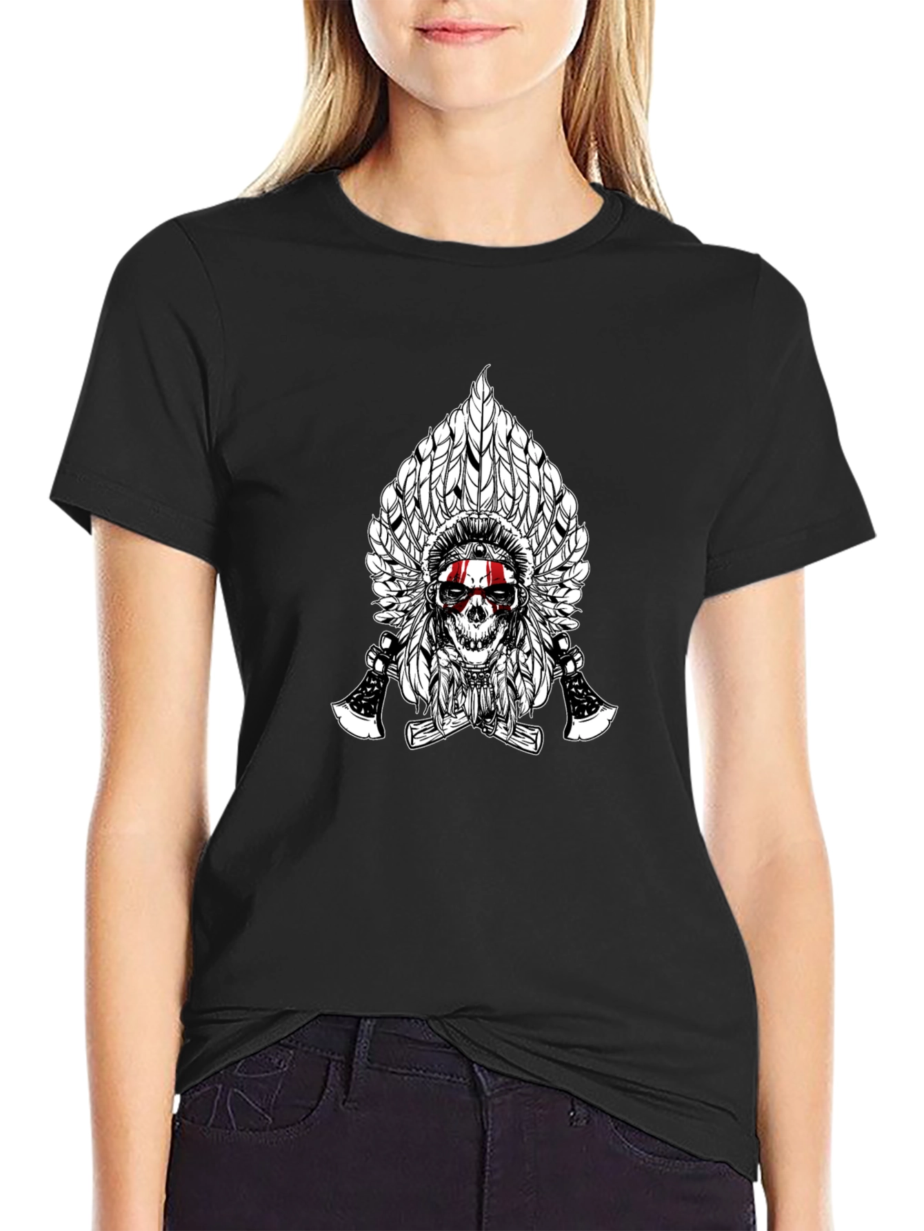 Skull & Feathers Graphic Tee - Black Cotton T-Shirt
