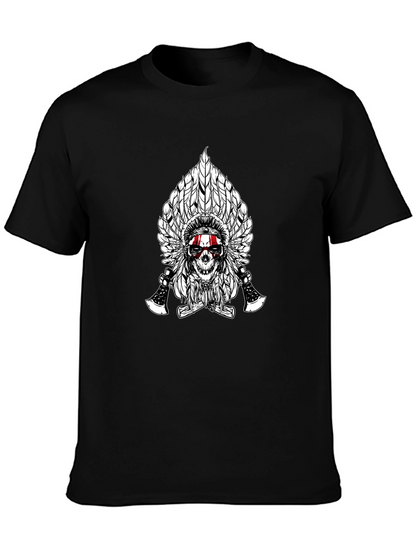 Skull & Feathers Graphic Tee - Black Cotton T-Shirt