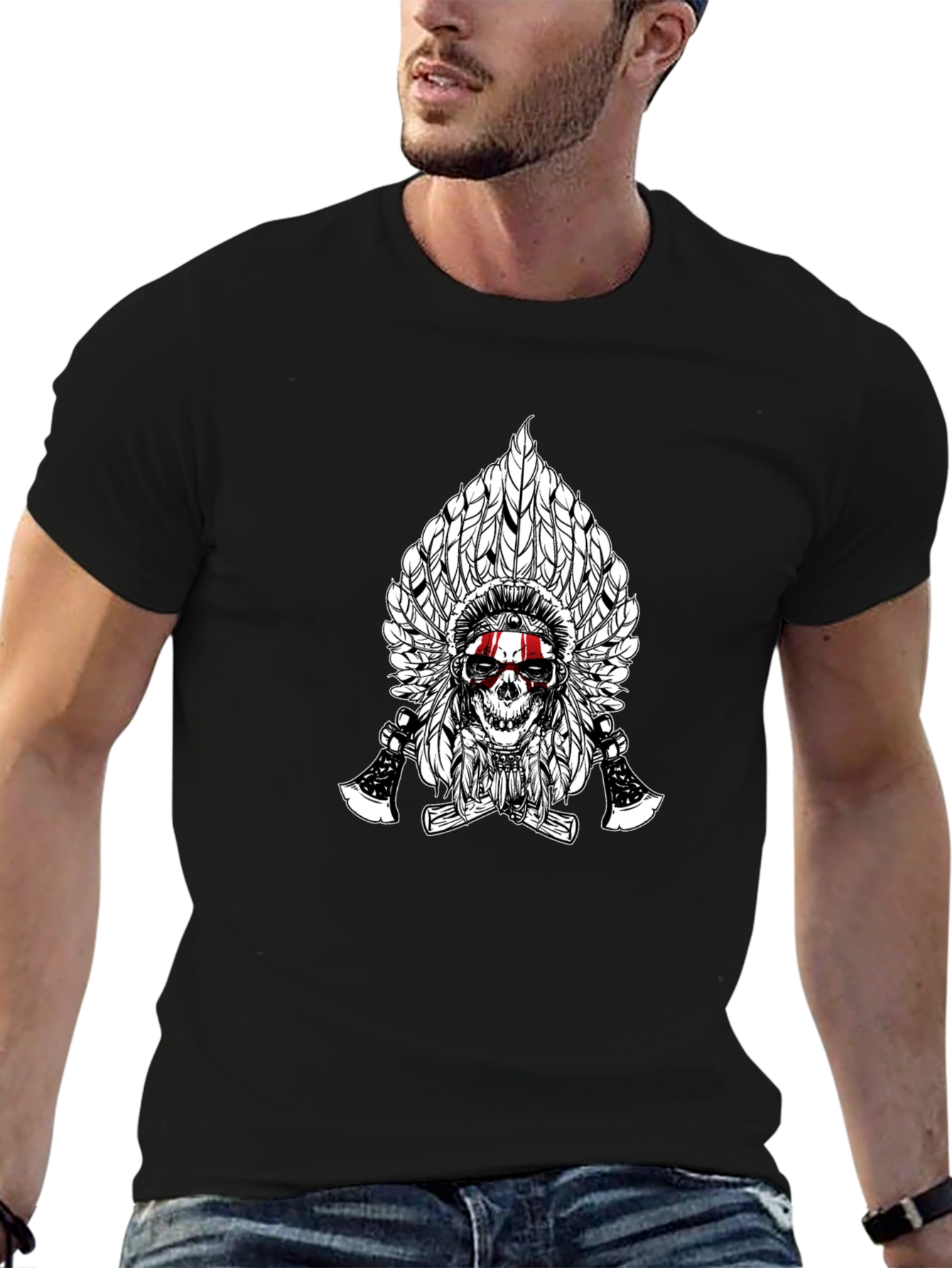 Skull & Feathers Graphic Tee - Black Cotton T-Shirt