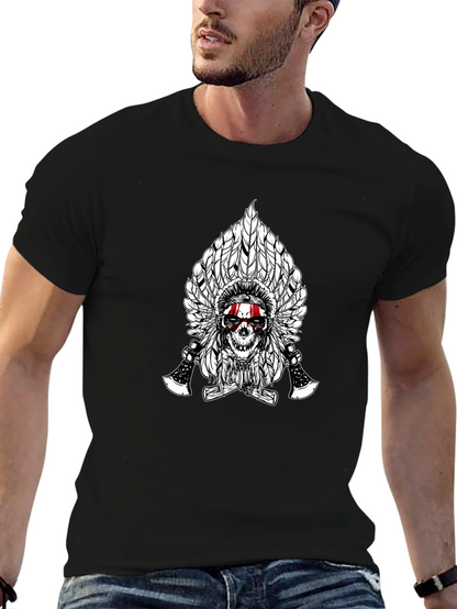 Skull & Feathers Graphic Tee - Black Cotton T-Shirt