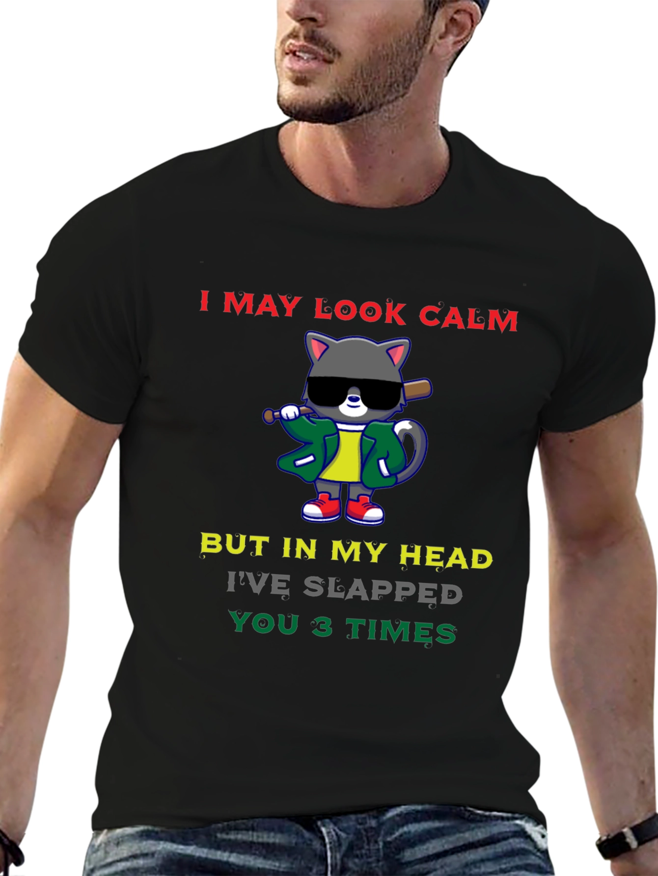 Calm Cat Slapped You 3 Times Black T-Shirt