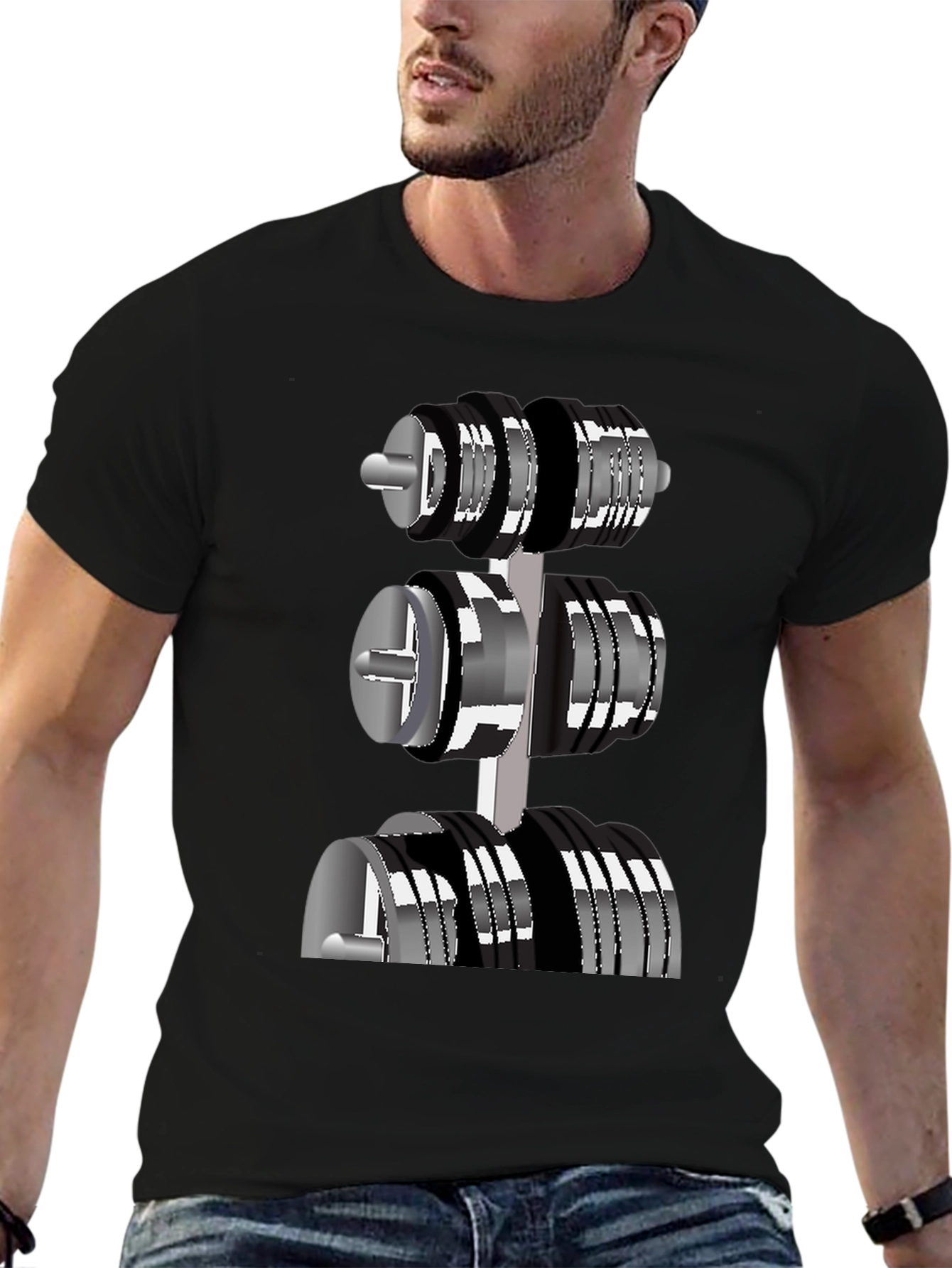 Mens Black T-Shirt with Dumbbell Rack Graphic